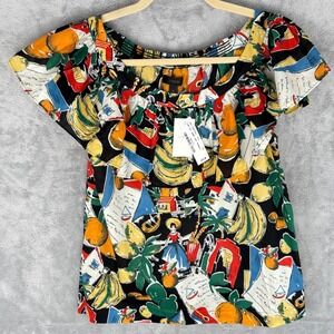 J.Crew Tropical Print Top Colorful Graphic Blouse Size 4 Short Sleeve Smocked